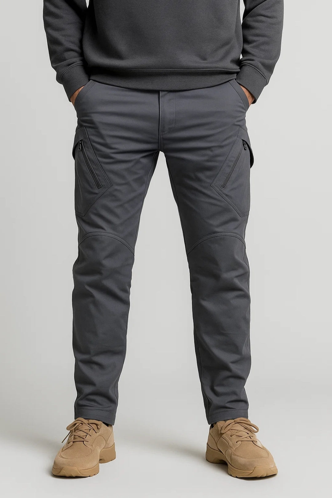 Cargobyxor för män - Slim Fit Fickor med dragkedja Knäskydd | Casual