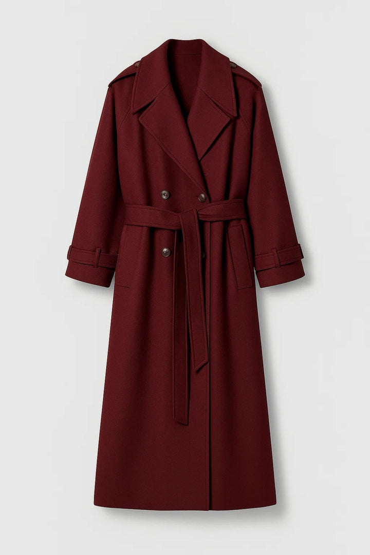 Damkappa | Lång dubbelknäppt bältad kappa | Elegant kappa i Bordeaux-stil för vintern