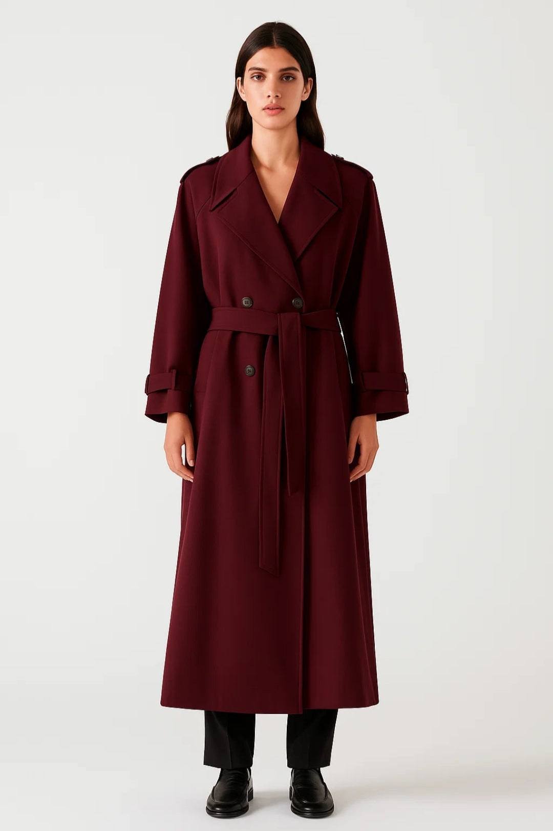 Damkappa | Lång dubbelknäppt bältad kappa | Elegant kappa i Bordeaux-stil för vintern