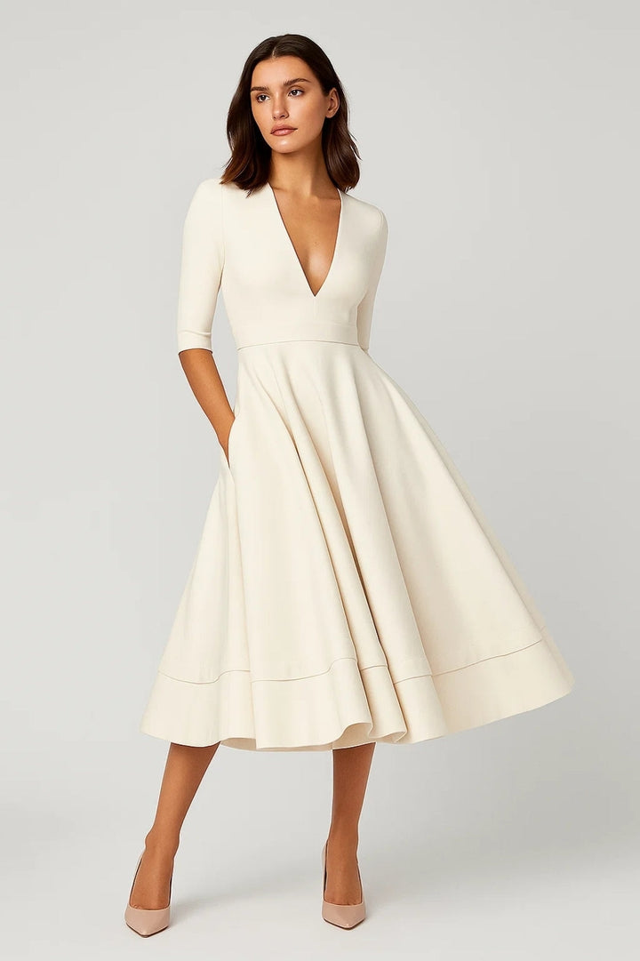 Damklänning | Elegante Midi | Diepe V-ringning | Flatterende A-lijn
