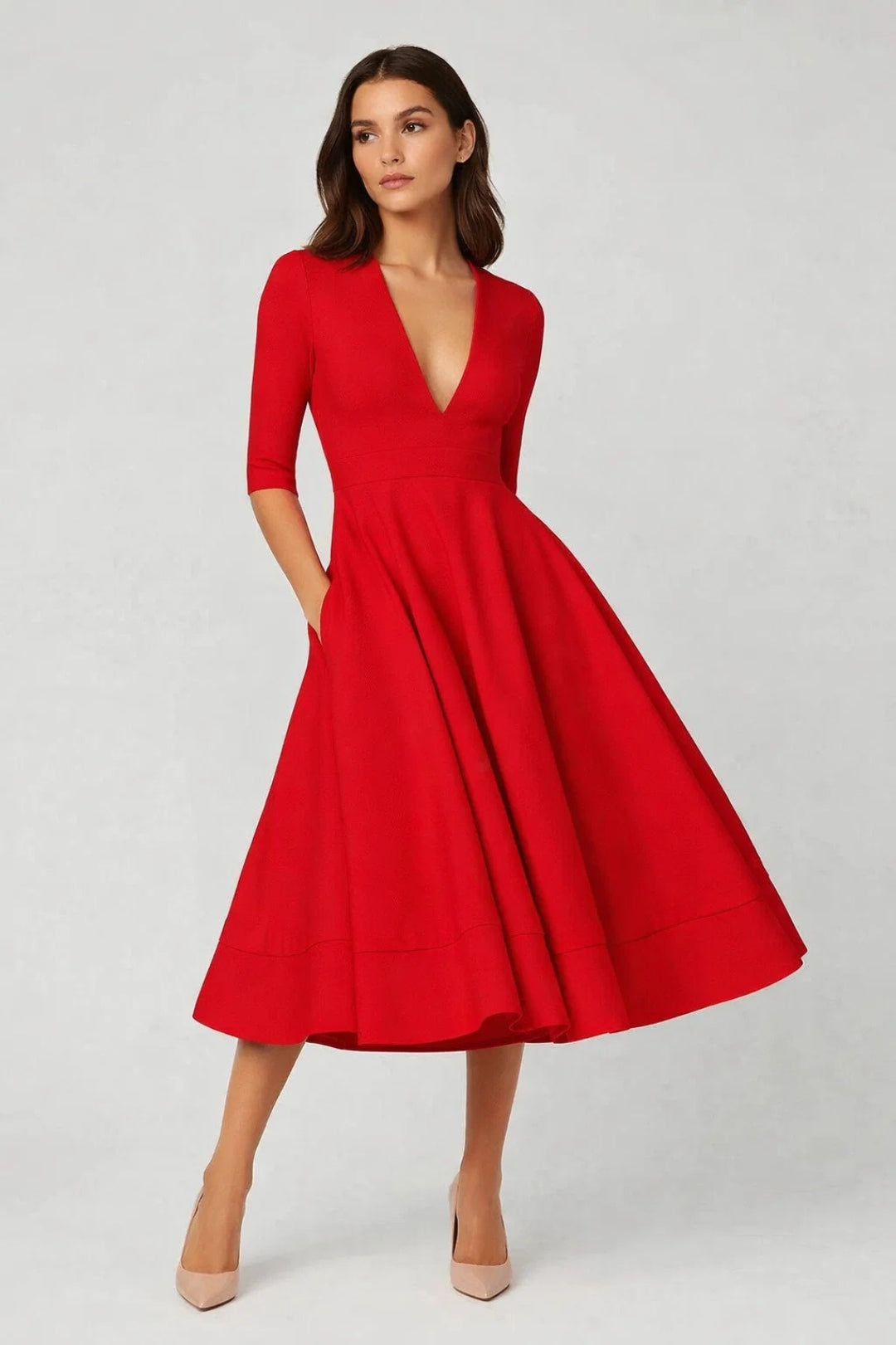 Damklänning | Elegante Midi | Diepe V-ringning | Flatterende A-lijn