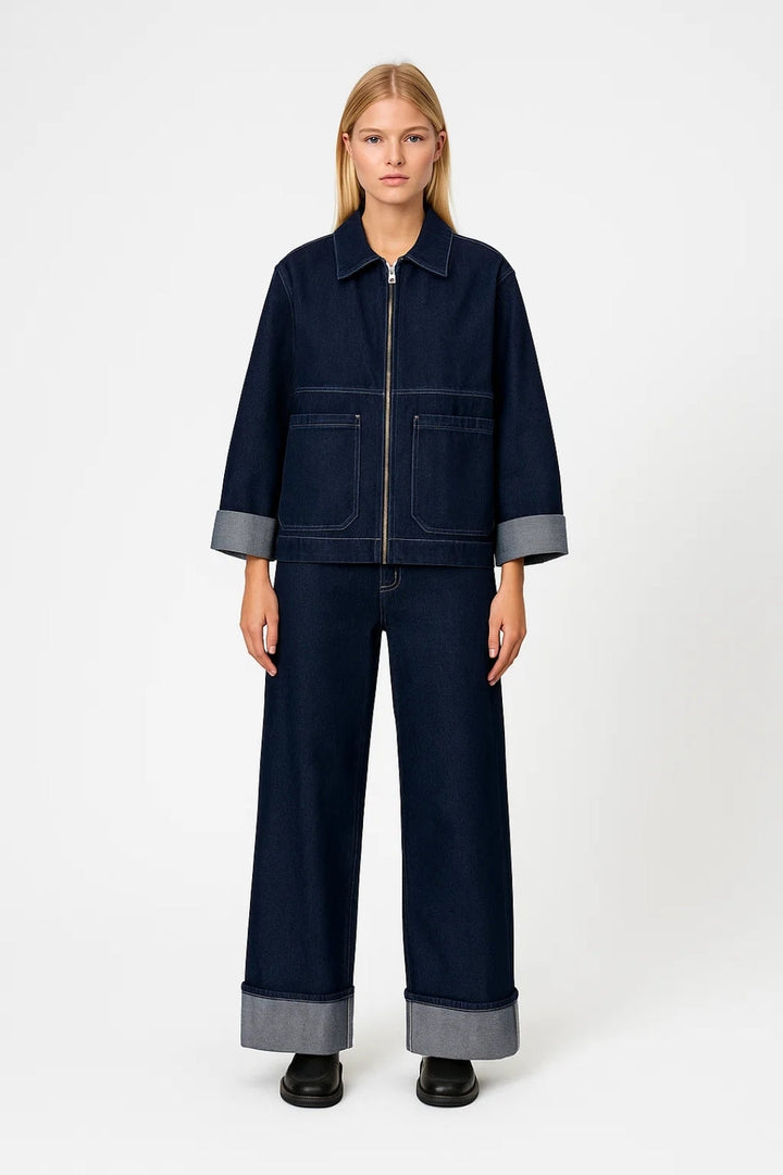 Denim Set | Boxy Jacka med dragkedja | Raka byxor med uppvikt fåll