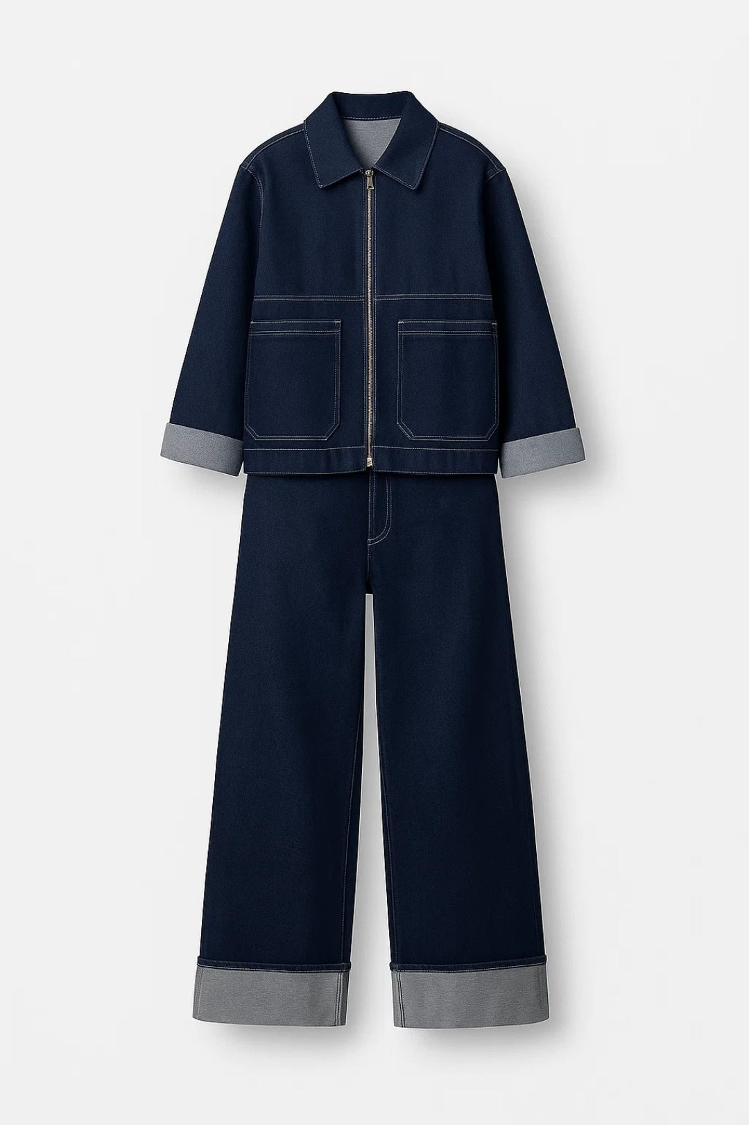 Denim Set | Boxy Jacka med dragkedja | Raka byxor med uppvikt fåll