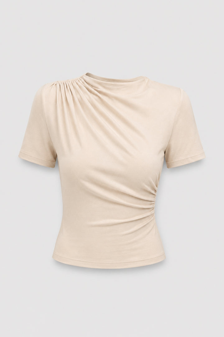 Draperad Damtopp | Elegant Hög Hals | Smickrande Passform | Kortärmad