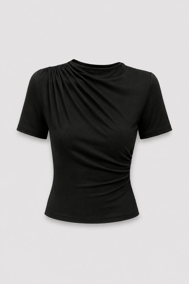 Draperad Damtopp | Elegant Hög Hals | Smickrande Passform | Kortärmad