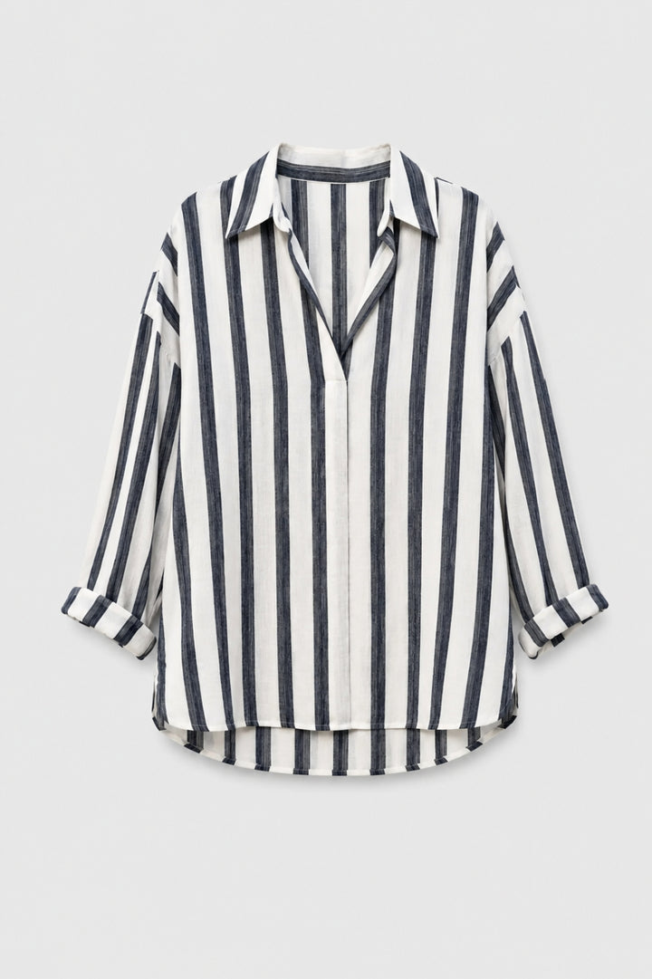 Héloïse - Chic Oversize Lin Skjorta för Kvinnor med Krage och Ränder
