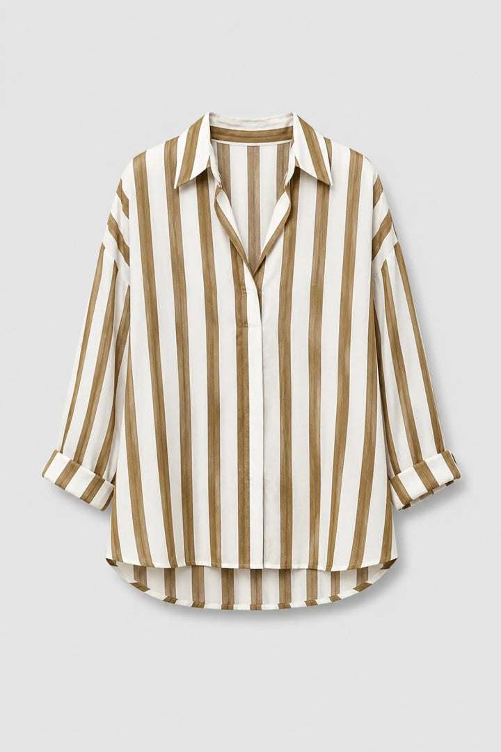 Héloïse - Chic Oversize Lin Skjorta för Kvinnor med Krage och Ränder