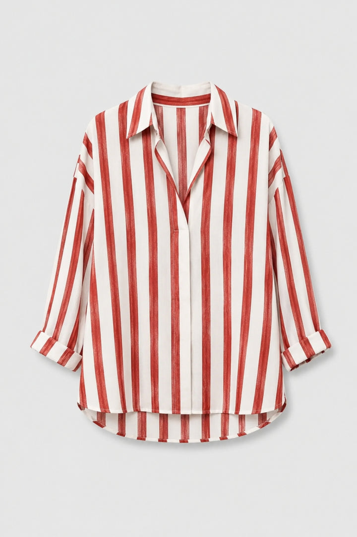 Héloïse - Chic Oversize Lin Skjorta för Kvinnor med Krage och Ränder