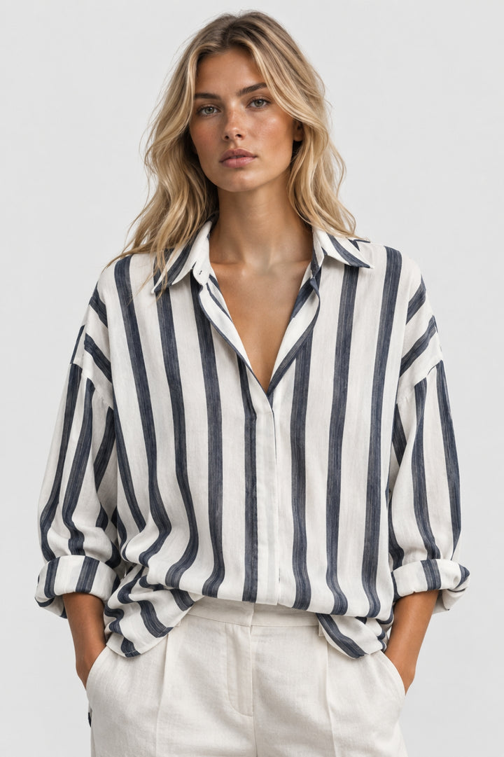 Héloïse - Chic Oversize Lin Skjorta för Kvinnor med Krage och Ränder
