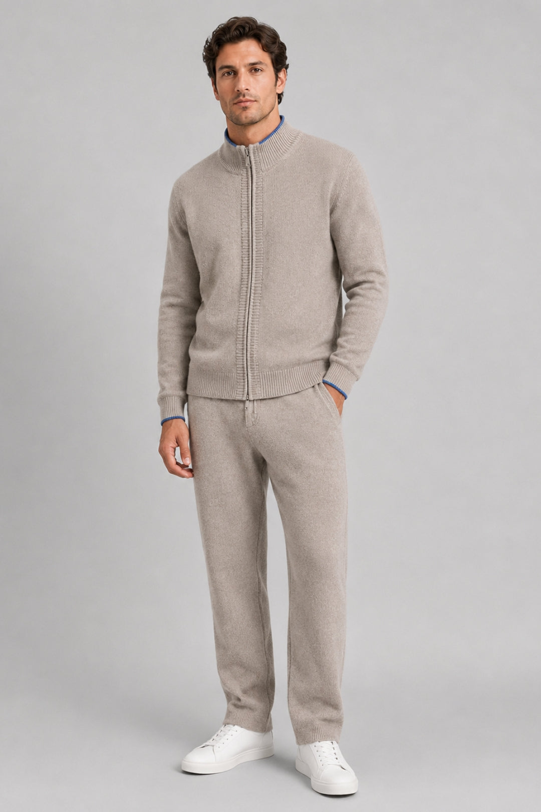 Herr Merinoull Zip-Up Lounge Set – Mjuk Stickad Avslappnad Passform Co-Ord