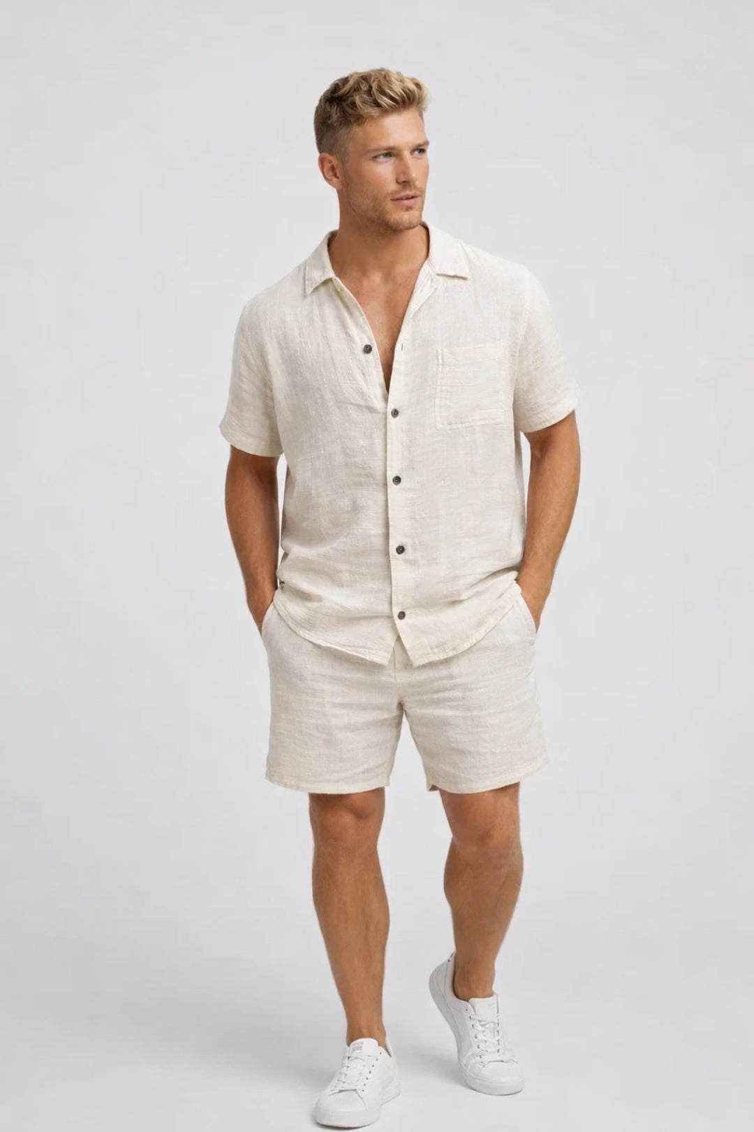 Herrset | Tvådelat Linneset | Kortärmad Skjorta &amp; Shorts | Lätt och Luftigt