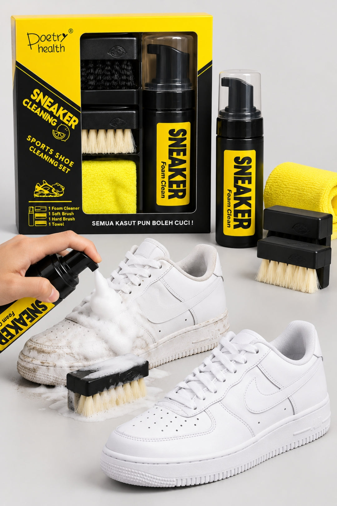 Högkvalitativt vattenfritt skovårds-skumset – 150 ml sneakers- och mockarengöring med borste