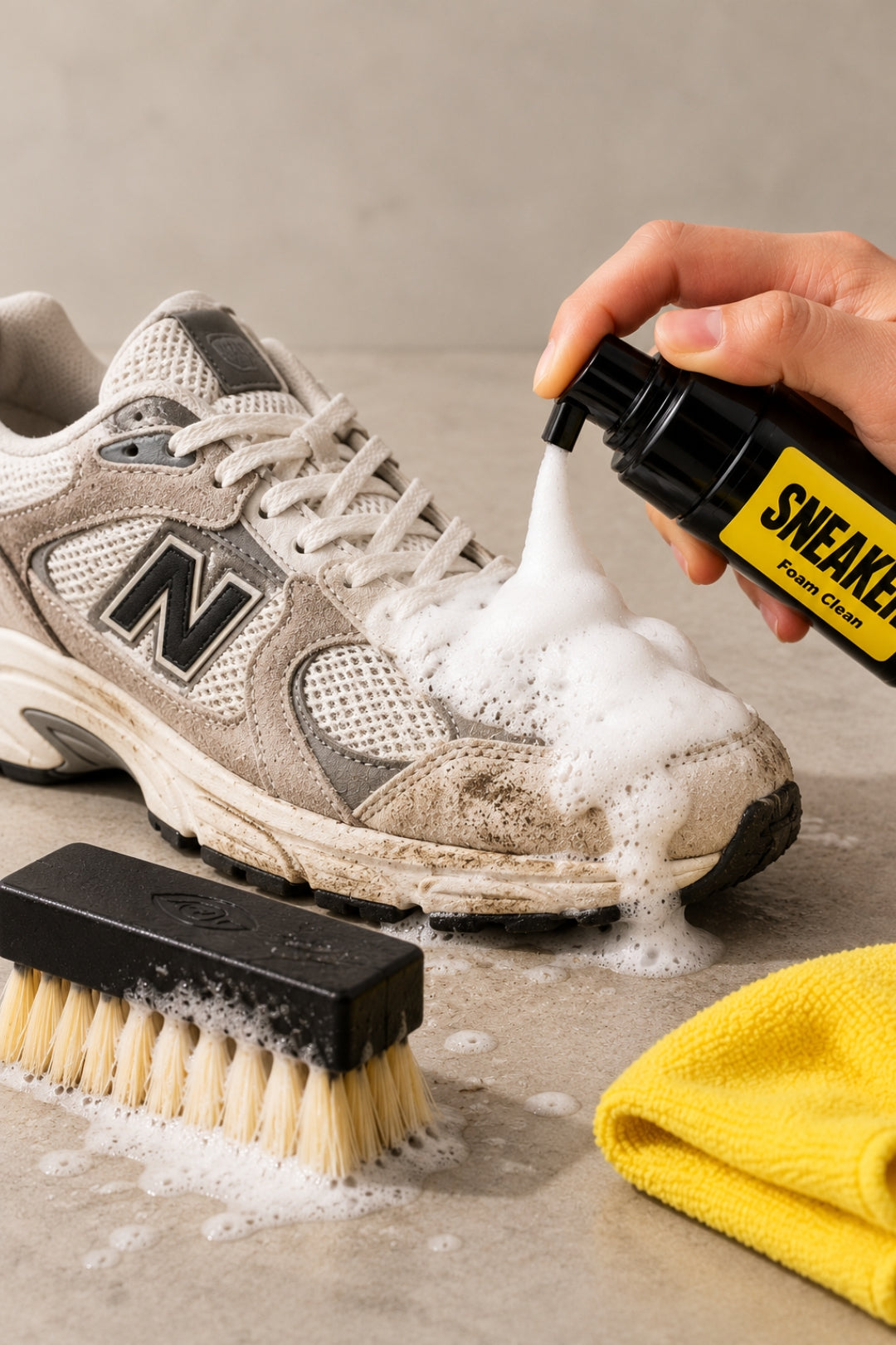 Högkvalitativt vattenfritt skovårds-skumset – 150 ml sneakers- och mockarengöring med borste