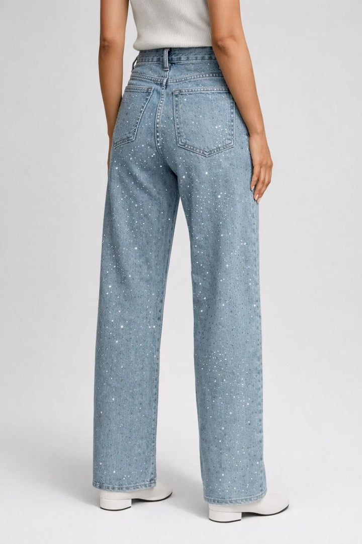 Jeans för kvinnor | hög midja | diskreta strass för våren