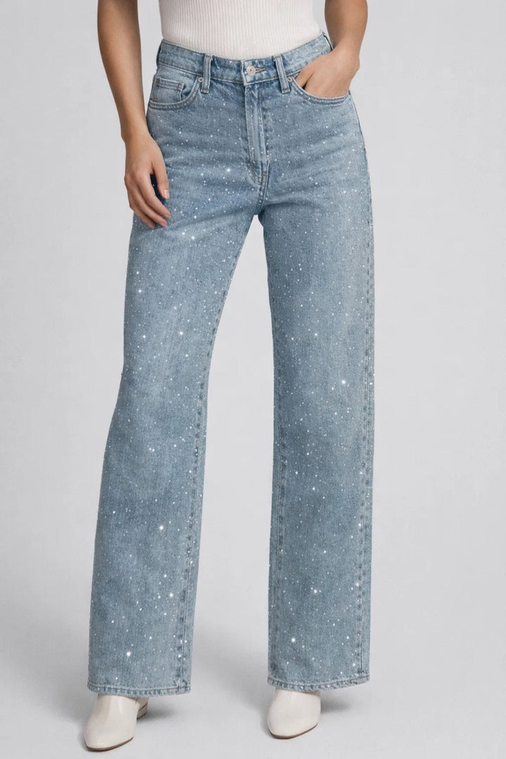 Jeans för kvinnor | hög midja | diskreta strass för våren