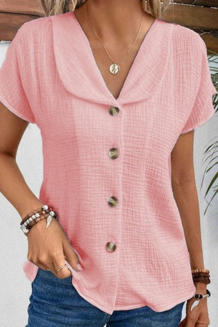 Lola - Elegant Linblus för Kvinna med Draperad Krage och Korta Ärmar