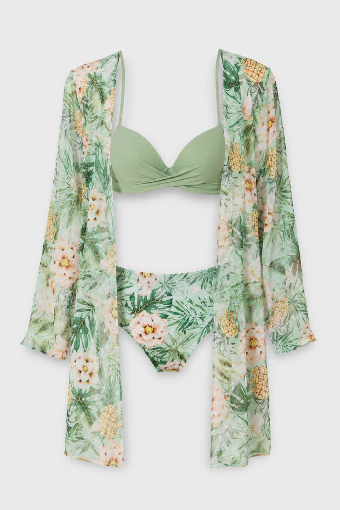 Lola - Tre Delar Bohemisk Badklädeset för Kvinna med Tvistad Bikini och Blommig Kimono