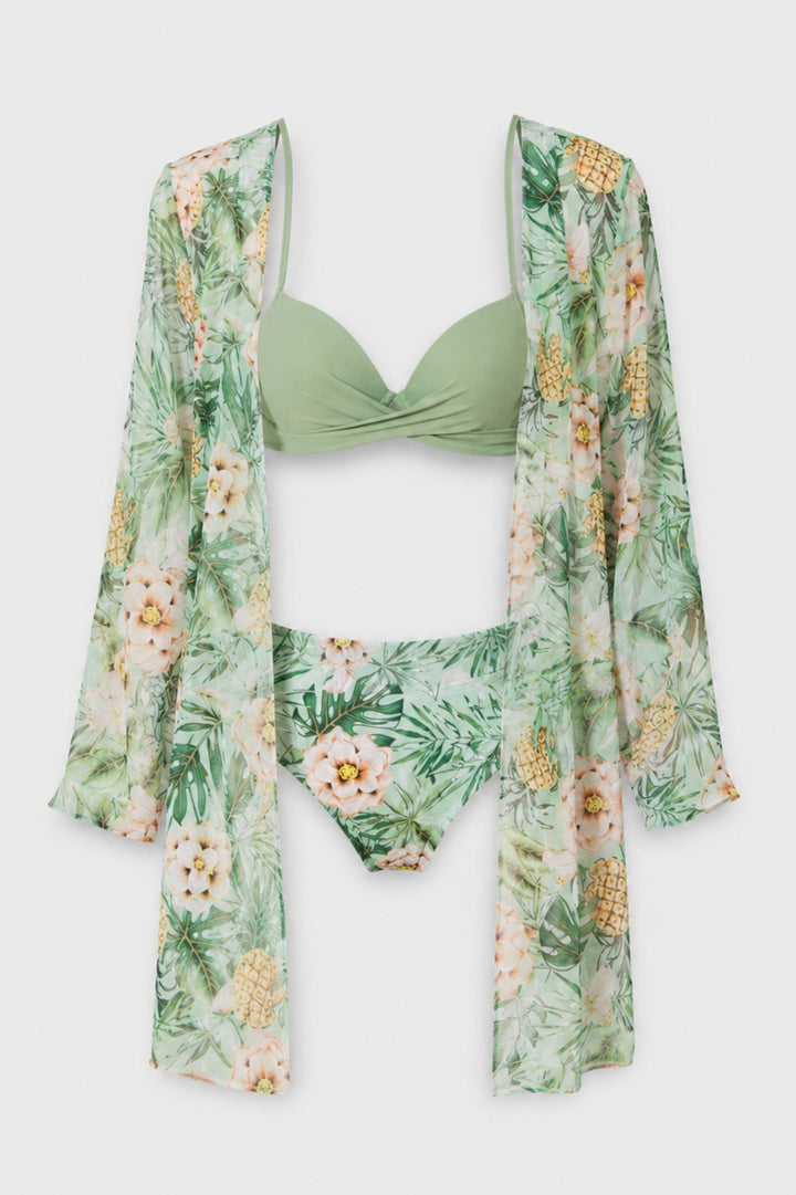 Lola - Tre Delar Bohemisk Badklädeset för Kvinna med Tvistad Bikini och Blommig Kimono