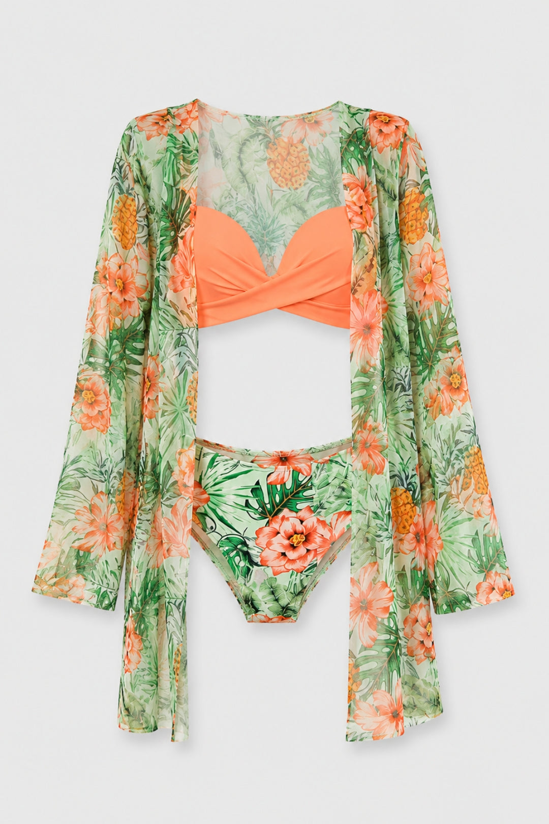 Lola - Tre Delar Bohemisk Badklädeset för Kvinna med Tvistad Bikini och Blommig Kimono