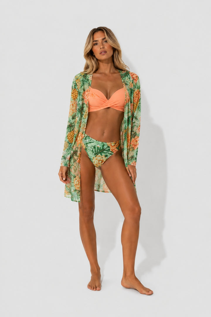 Lola - Tre Delar Bohemisk Badklädeset för Kvinna med Tvistad Bikini och Blommig Kimono