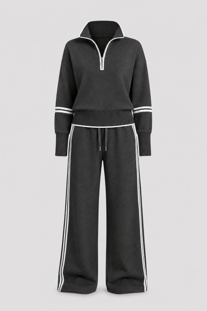 Loungeset för damer | Tröja med halv dragkedja och byxor med vida ben | Bekväm passform | Tvådelat set