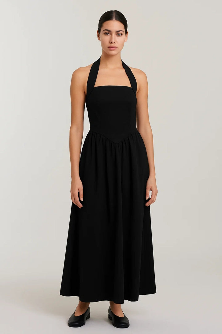 Maxiklänning för dam – halterneck, fyrkantig halsringning, utställd kjol, rygglös | Elegant