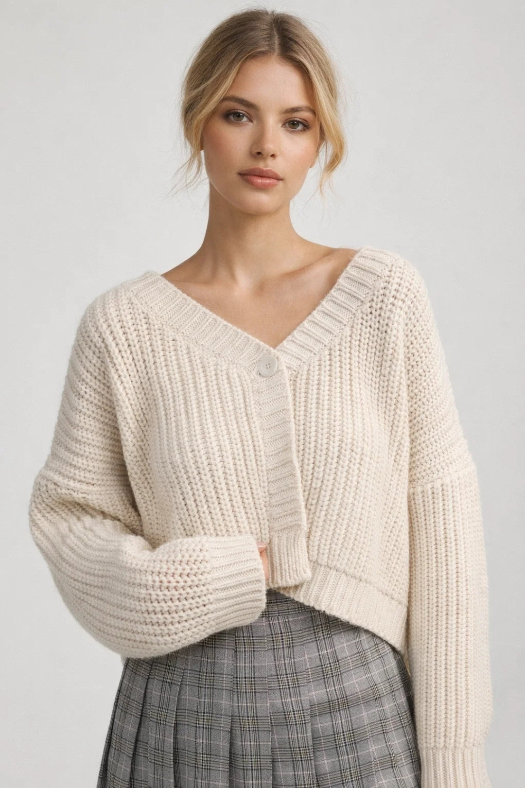 Överdimensionerad Cardigan med Knäppning och Ballongärmar för Våren