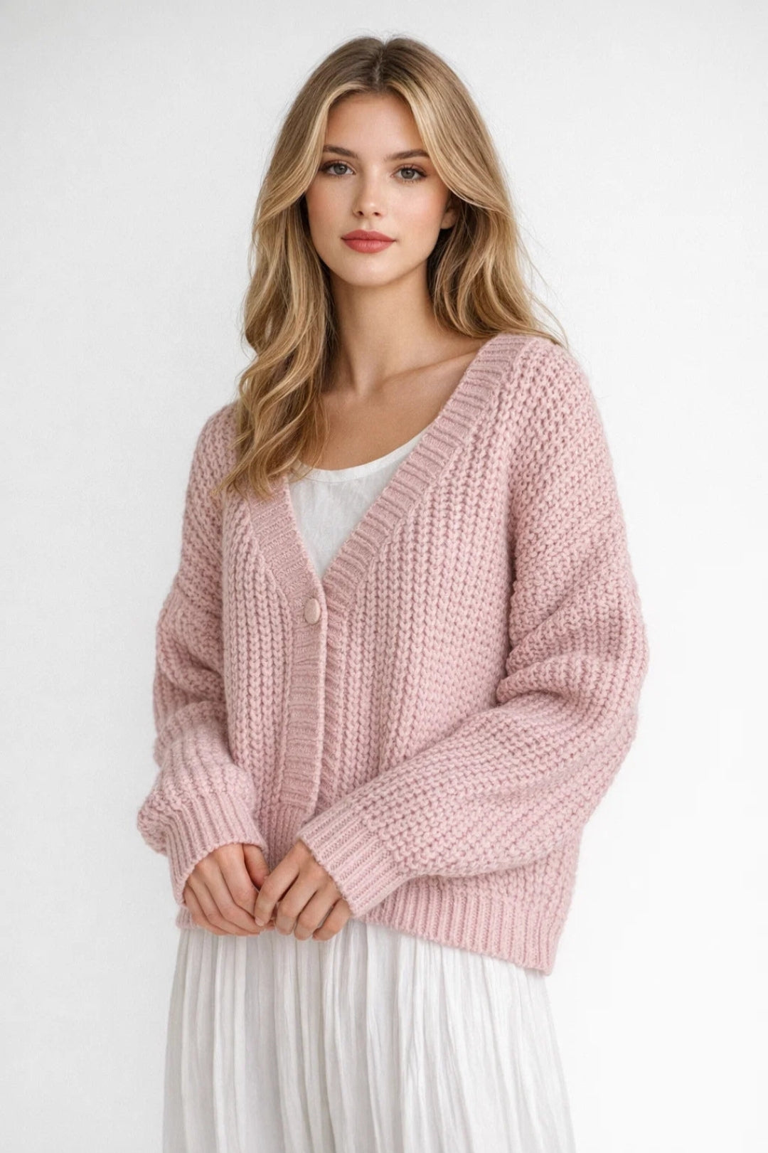 Överdimensionerad Cardigan med Knäppning och Ballongärmar för Våren