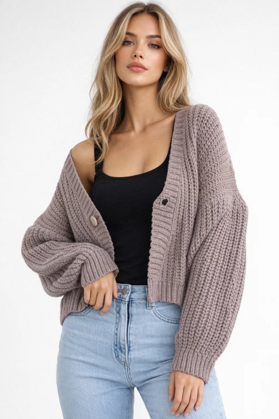 Överdimensionerad Cardigan med Knäppning och Ballongärmar för Våren