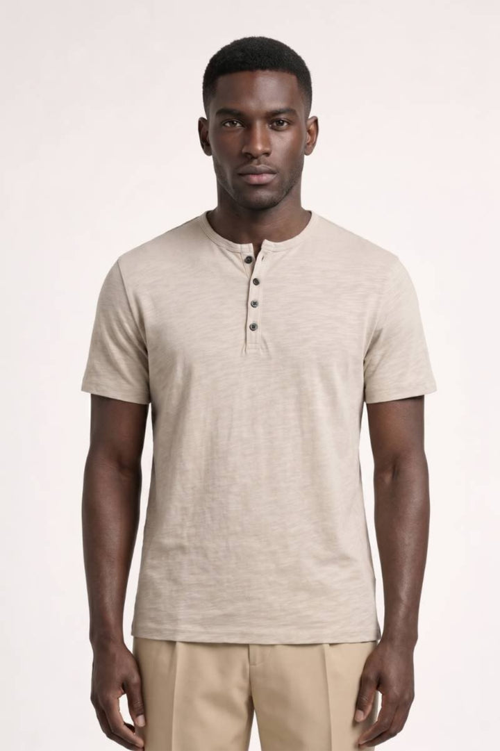 T-shirt för herrar - Rund hals med knappar, Henley Style | Casual