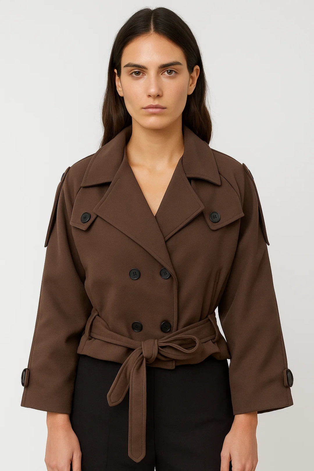 Trench Coat för kvinnor - Kort bältad dubbelknäppt uppslagen krage | Chic