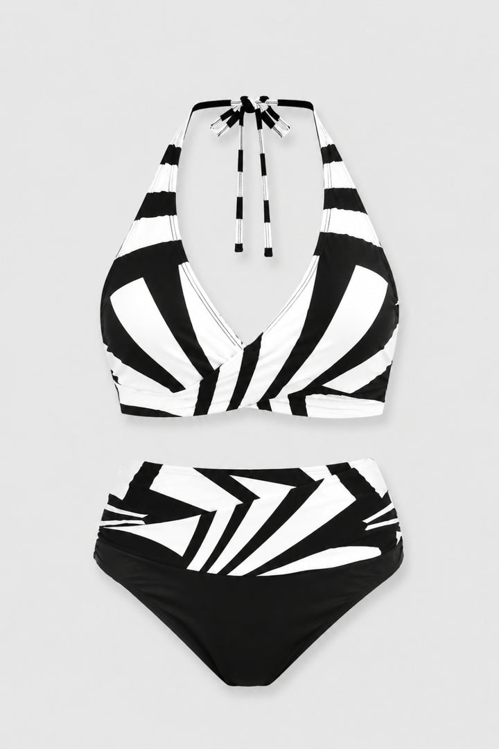 Victoire - Bikini Dam Trendigt Höga Midjebadkläder med Halterneck Top i Geometriskt Mönster