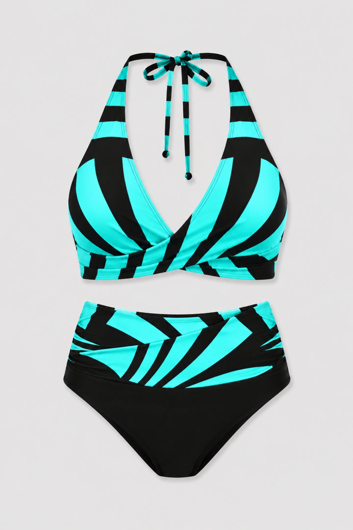 Victoire - Bikini Dam Trendigt Höga Midjebadkläder med Halterneck Top i Geometriskt Mönster