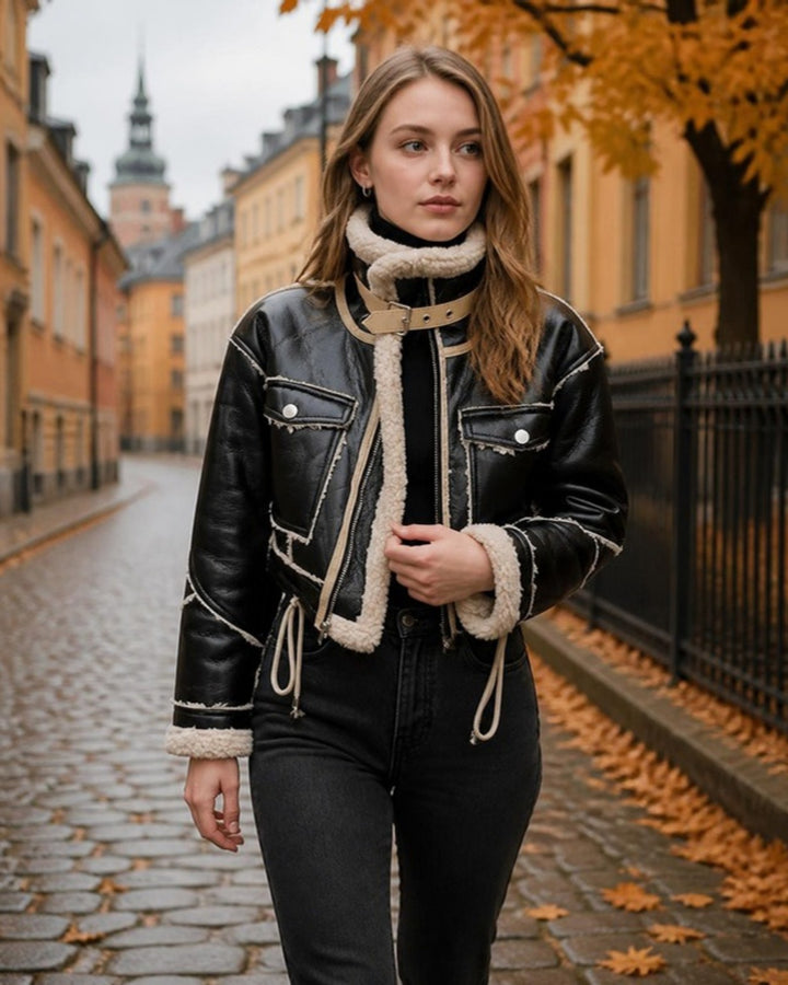 Svart skinnjacka i konstläder dam i Gamla stan, Stockholm, på hösten