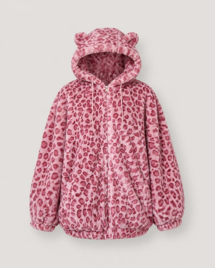 Fuskpälsjacka dam med leopardmönster i rosa, produktbild