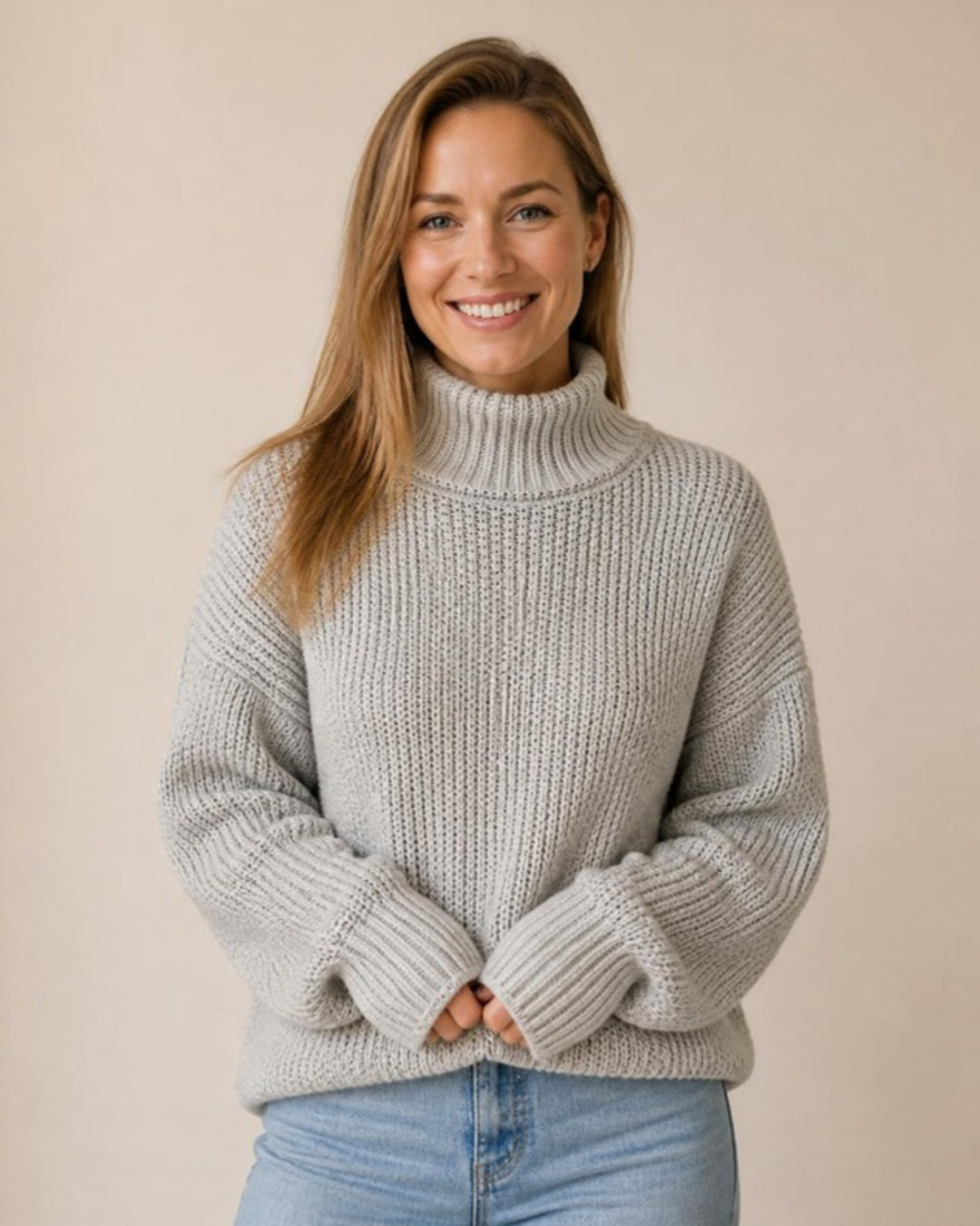 Stickad polotröja dam i grå, på modell