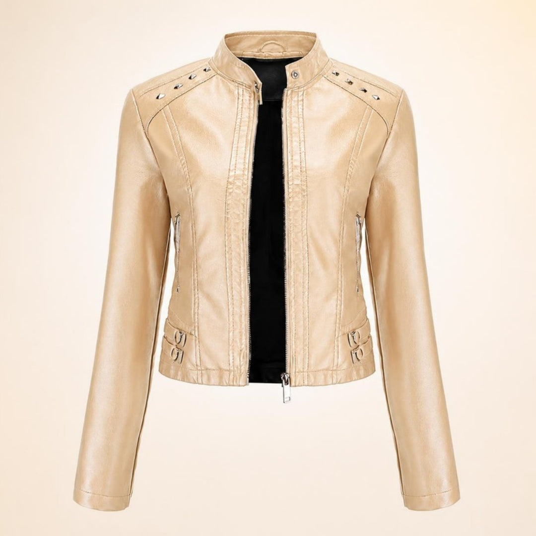 Kort skinnjacka dam med nitar i beige, produktbild