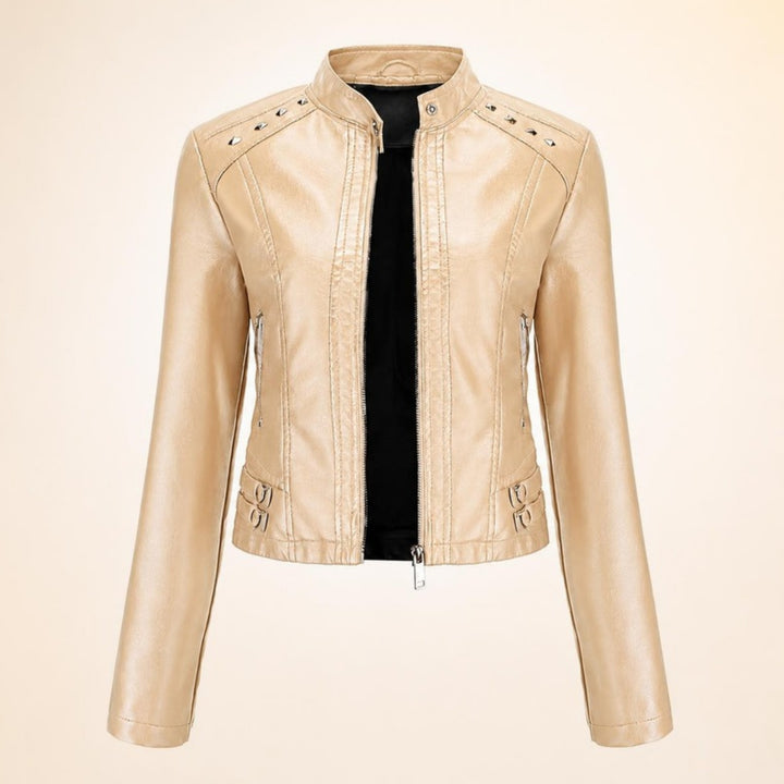Kort skinnjacka dam med nitar i beige, produktbild