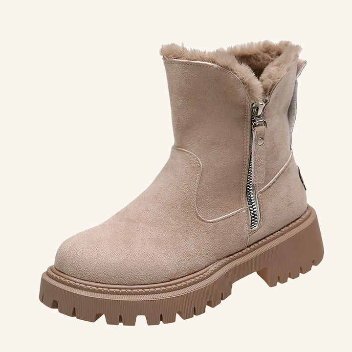 Varma vinterskor dam beige, fodrade boots med dragkedja i mockalook
