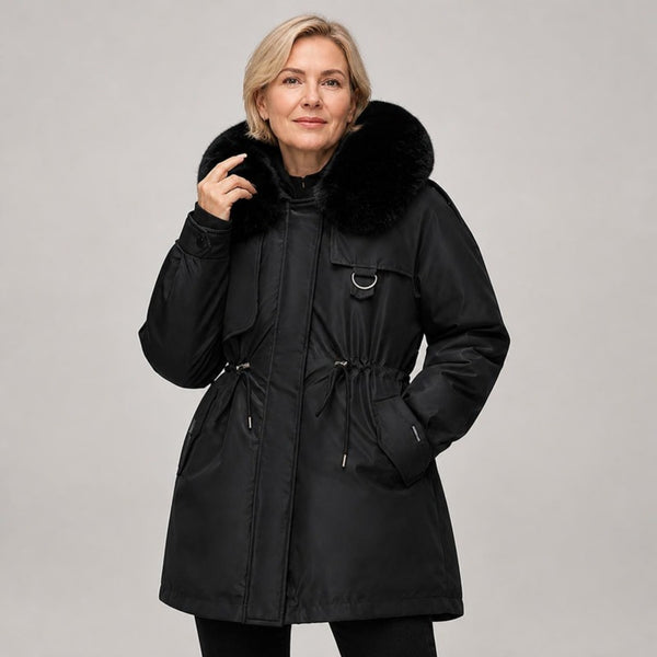 Vadderad parkas dam i svart, studiobild