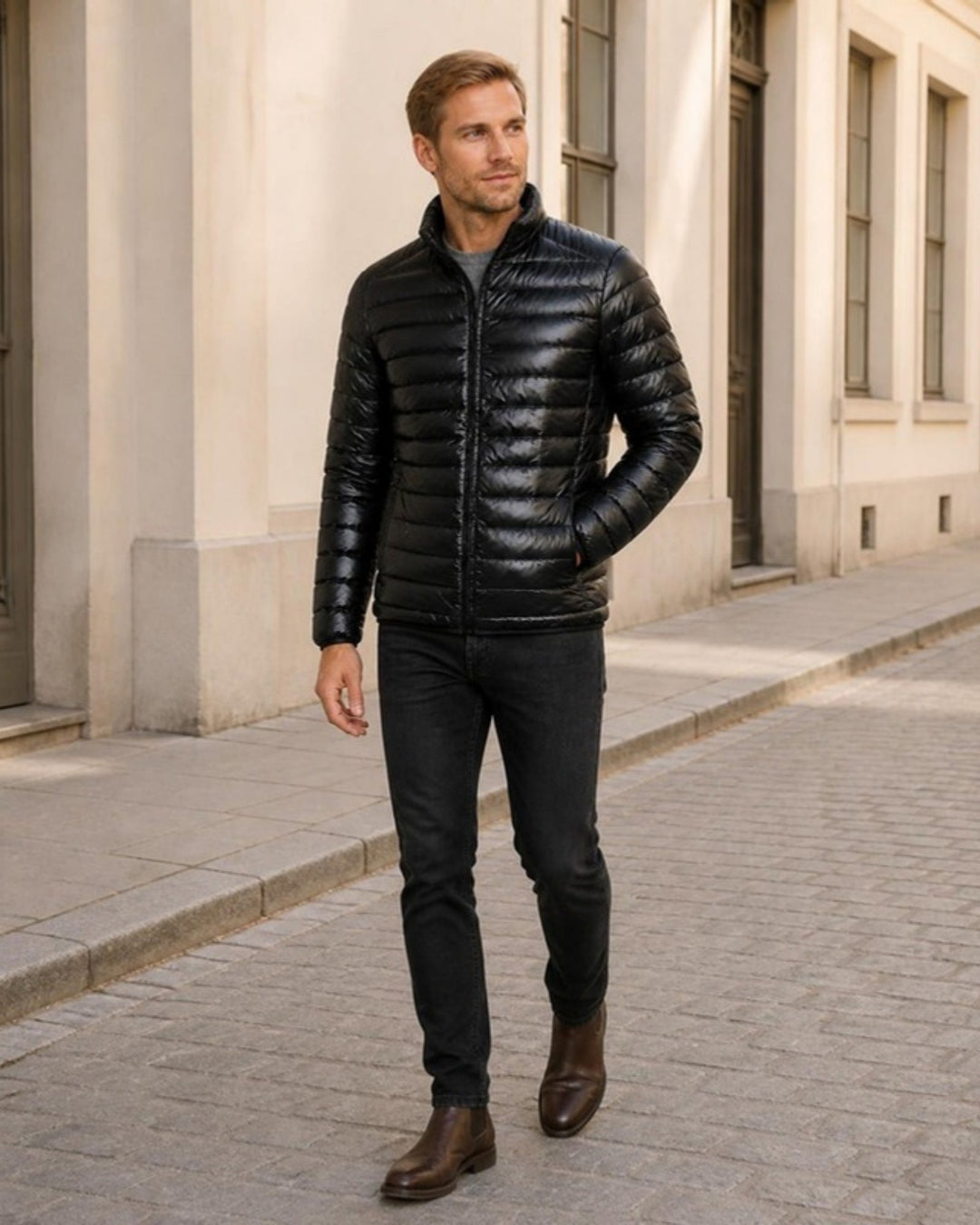 Svart pufferjacka herr på stan, stylad med jeans och boots
