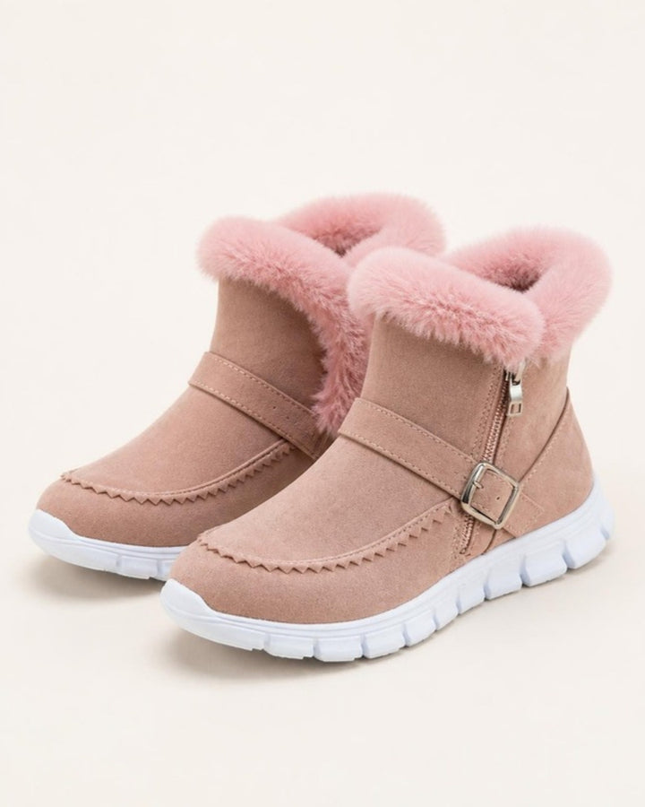 Vinterskor dam rosa – varmfodrade boots med fuskpäls och spänne